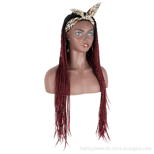 Burgundy color 34 inches Two plait wholesale Braided Wigs Long Twist Braids style synthetic hair headband wig for black women